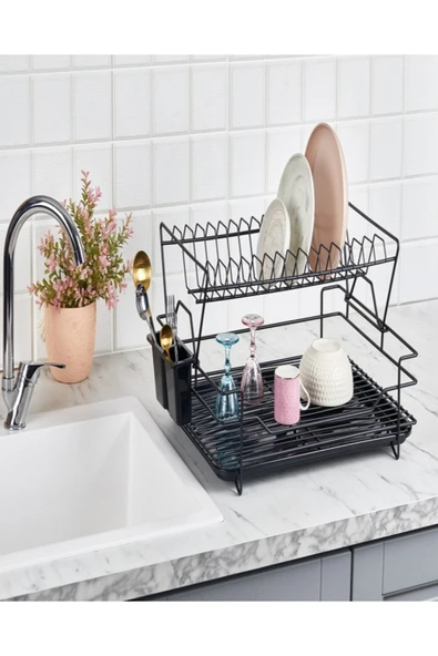 GenelTedarik Siyah Iki Katlı Bulaşık Tabaklık Siyah ürün görseli 1