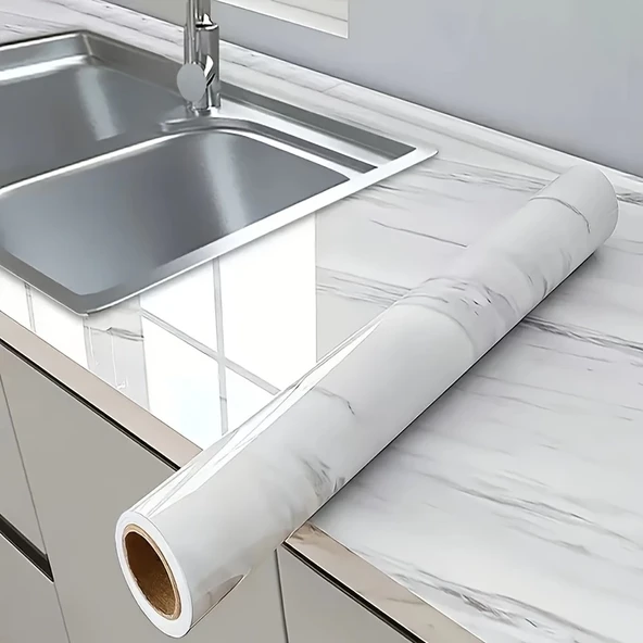 Mermer Desenli Mutfak Duvar Kağıdı Sticker - 5m X 60cm: Su Ve Yağa Dayanıklı, Yüksek Sıcaklık Esnekliğine Sahip Tezgah, Dolap, Ocak Yenileme Folyosu T10 - Resim 3