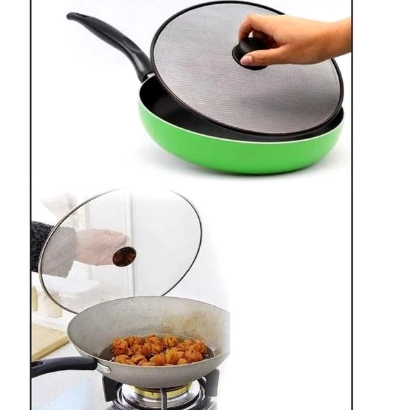 29 Cm Yağ Sıçratmaz Tel Kapak  Üstten Tutmalı Metal Kızartma Kapağı Tava Üstü Sıçrama Önleyici Kapak - Resim 3