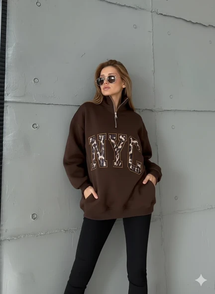 Yarım Fermuarlı Oversize "NYC" Baskılı Sweat - Resim 3