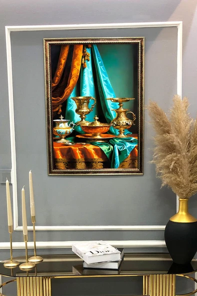 Otantik İbrik Desenli Dijital Baskılı Kadife Kumaş Çerçeveli Tablo TBL0083 RENKLİ 50 X 70 - Resim 2