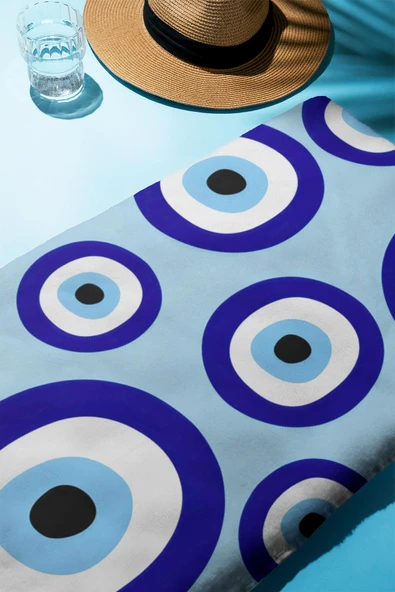 Dijital Baskı Plaj Deniz Havlusu Nazar Boncuğu Desenli Peştamal HVL0208 RENKLİ 80 X 160 - Resim 2