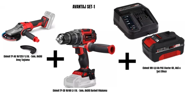 Einhell Avantaj Set-1 (Einhell TP-AG 18/125 F Li BL Akülü Avuç Taşlama+Einhell TP-CD 18/60 Li-i BL Akülü Darbeli Vidalama+Einhell 18V 4,0 Ah PXC Starter Kit, Akü & Şarj Cihazı - Resim 4
