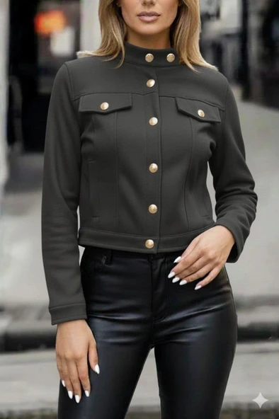 MDB Kadın Uzun Kollu Yakadan Ve önden Düğmeli Süet Kısa Ceket ürün görseli 1