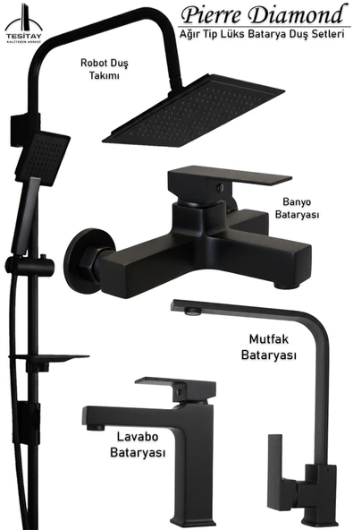 Mutfak Lavabo Banyo Bataryası ve Robot Duş Siyah Renk Takımı Ağır Lüks Model Kare Musluk Armatür ürün görseli 1