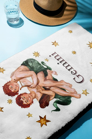 Dijital Baskı Plaj Deniz Havlusu İkizler Burcu Desenli Peştamal HVL0036 RENKLİ 80 X 160 - Resim 2