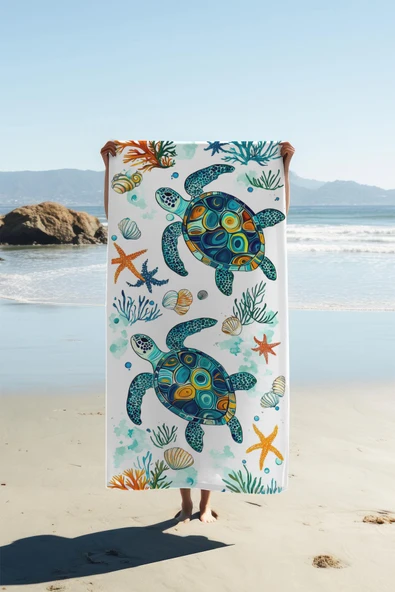 Dijital Baskı Plaj Deniz Havlusu Kaplumbağa Desenli Peştamal HVL0117 RENKLİ 80 X 160 ürün görseli 1