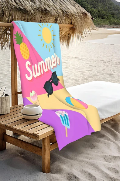 Dijital Baskı Plaj Deniz Havlusu Summer Desenli Peştamal HVL0171 RENKLİ 80 X 160 - Resim 3