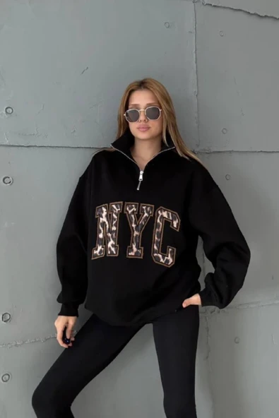 Yarım Fermuarlı Oversize "NYC" Baskılı Sweat - Resim 7