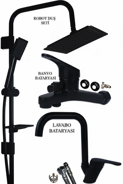 Banyo Lavabo Bataryası ve Robot Duş Takımı Siyah Renk Köşe Model ürün görseli 1