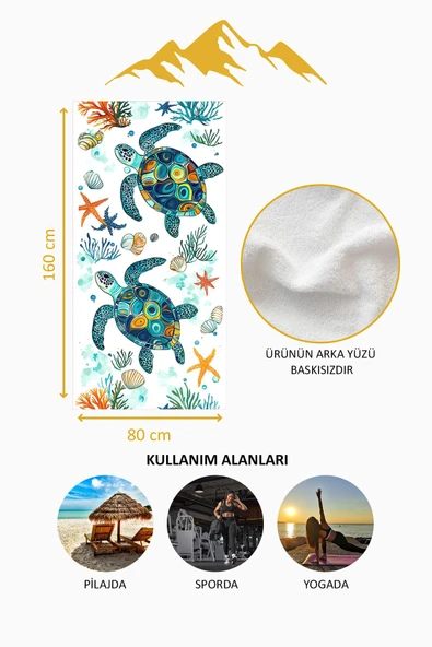 Dijital Baskı Plaj Deniz Havlusu Kaplumbağa Desenli Peştamal HVL0117 RENKLİ 80 X 160 - Resim 4