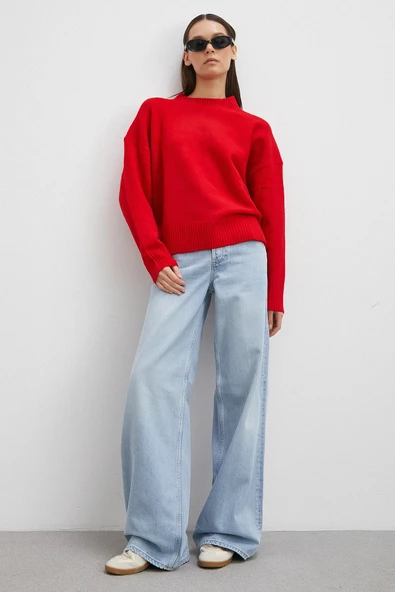 Yüksek Bel Geniş Paça Jean Buz Mavisi - Resim 4