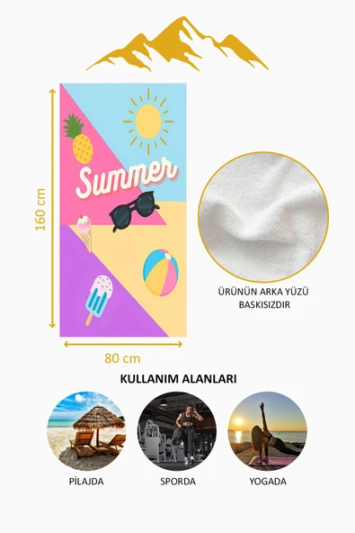 Dijital Baskı Plaj Deniz Havlusu Summer Desenli Peştamal HVL0171 RENKLİ 80 X 160 - Resim 4