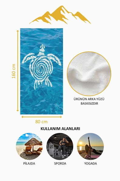 Dijital Baskı Plaj Deniz Havlusu Kaplumbağa Desenli Peştamal HVL0121 RENKLİ 80 X 160 - Resim 4