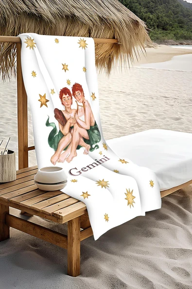 Dijital Baskı Plaj Deniz Havlusu İkizler Burcu Desenli Peştamal HVL0036 RENKLİ 80 X 160 - Resim 3