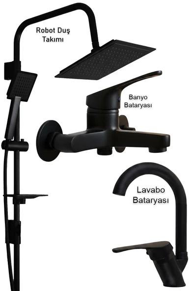 Banyo Lavabo Bataryası ve Robot Duş Takımı Siyah Renk Musluk Armatür Baston Model ürün görseli 1