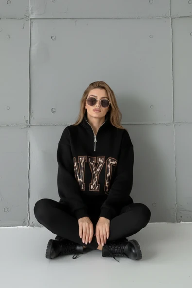 Yarım Fermuarlı Oversize "NYC" Baskılı Sweat - Resim 6