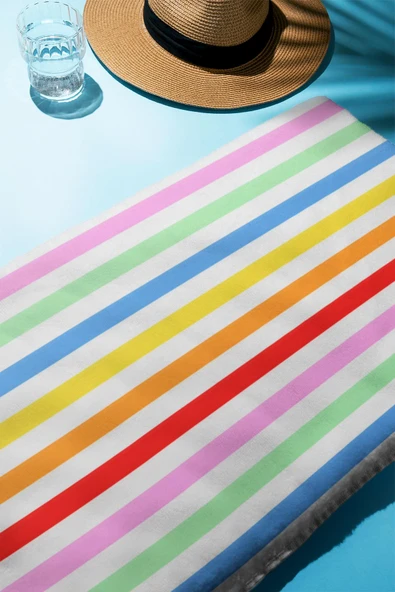 Dijital Baskı Plaj Deniz Havlusu Renkli Çizgiler Desenli Peştamal HVL0205 RENKLİ 80 X 160 - Resim 2