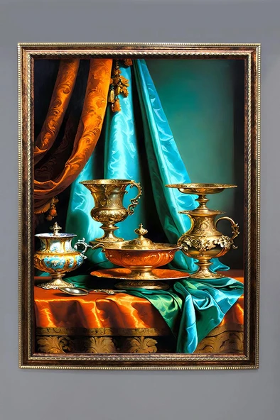 Otantik İbrik Desenli Dijital Baskılı Kadife Kumaş Çerçeveli Tablo TBL0083 RENKLİ 50 X 70 ürün görseli 1