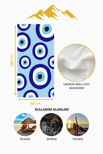Dijital Baskı Plaj Deniz Havlusu Nazar Boncuğu Desenli Peştamal HVL0208 RENKLİ 80 X 160 - Resim 4
