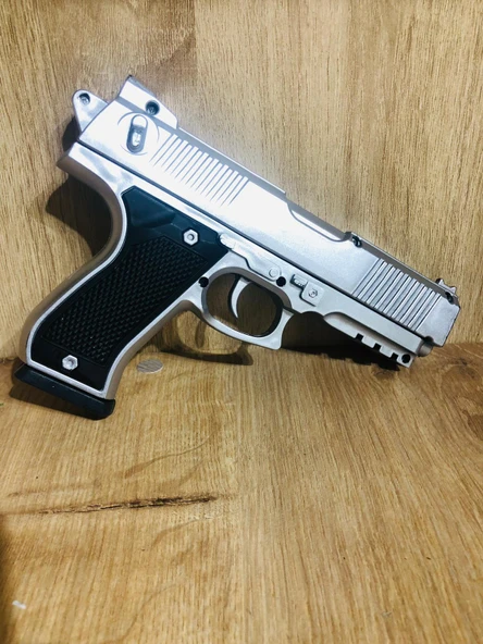 Gümüş Renk Boncuklu Oyuncak Tabanca 1 Adet + 1 Adet Hedef Kırmızı 9 cm + 21 Paket Boncuk - Resim 2