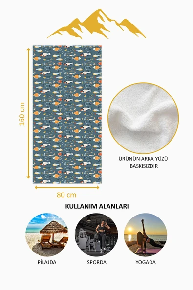 Dijital Baskı Plaj Deniz Havlusu Balık Desenli Peştamal HVL0070 RENKLİ 80 X 160 - Resim 4
