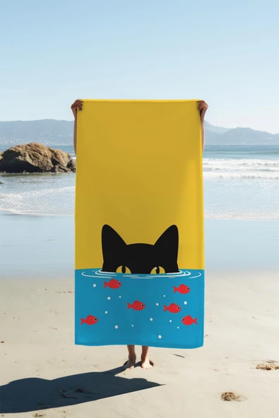 Dijital Baskı Plaj Deniz Havlusu Kedi Desenli Peştamal HVL0033 RENKLİ 80 X 160 ürün görseli 1
