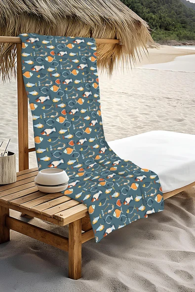 Dijital Baskı Plaj Deniz Havlusu Balık Desenli Peştamal HVL0070 RENKLİ 80 X 160 - Resim 3