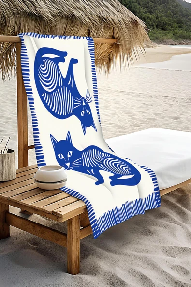 Dijital Baskı Plaj Deniz Havlusu Kedi Desenli Peştamal HVL0129 RENKLİ 80 X 160 - Resim 3