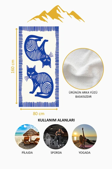 Dijital Baskı Plaj Deniz Havlusu Kedi Desenli Peştamal HVL0129 RENKLİ 80 X 160 - Resim 4
