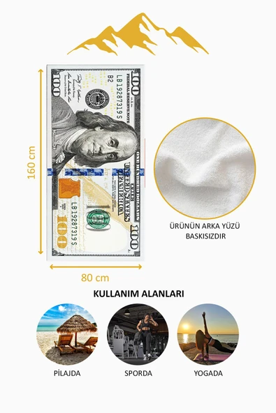 Dijital Baskı Plaj Deniz Havlusu Dolar Desenli Peştamal HVL0103 RENKLİ 80 X 160 - Resim 4