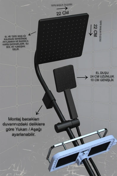 Robot Duş Takımı Siyah Renk Geniş Şampuanlıklı Lüks El ve Tepe Duş Başlığı Spiral Hortum Seti - Resim 4