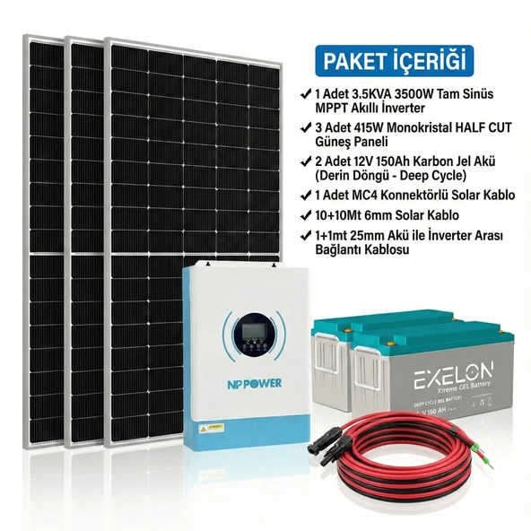 VeraTech Solar Enerji Bahçe Evi Paketi 3KVA İnverter 1250W Güneş Paneli 300AH Jel Akü ürün görseli 1