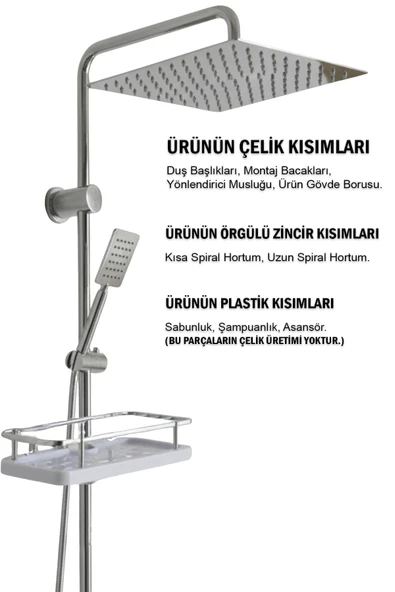 Robot Duş Takımı Paslanmaz Çelik Başlıklı Geniş Şampuanlıklı Montaj Bacaklı Spiral Duş Takımı - Resim 2