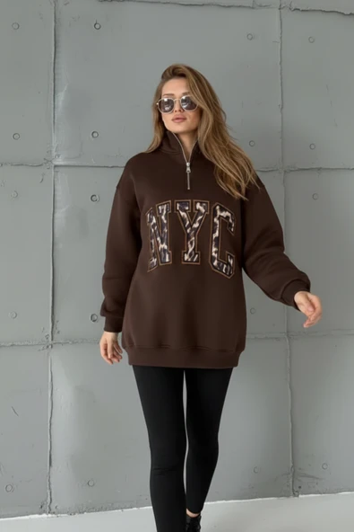 Yarım Fermuarlı Oversize "NYC" Baskılı Sweat - Resim 2
