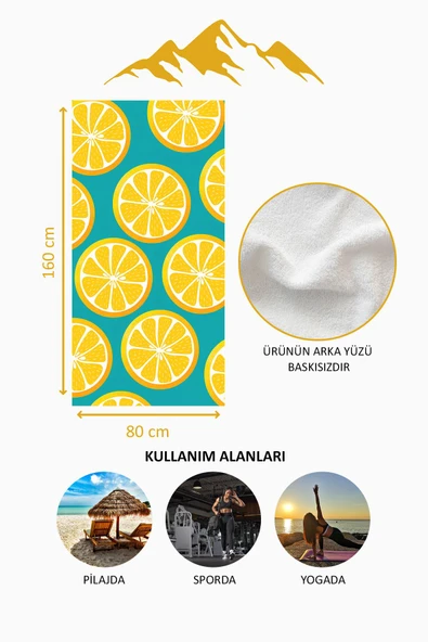 Dijital Baskı Plaj Deniz Havlusu Limon Desenli Peştamal HVL0166 RENKLİ 80 X 160 - Resim 4