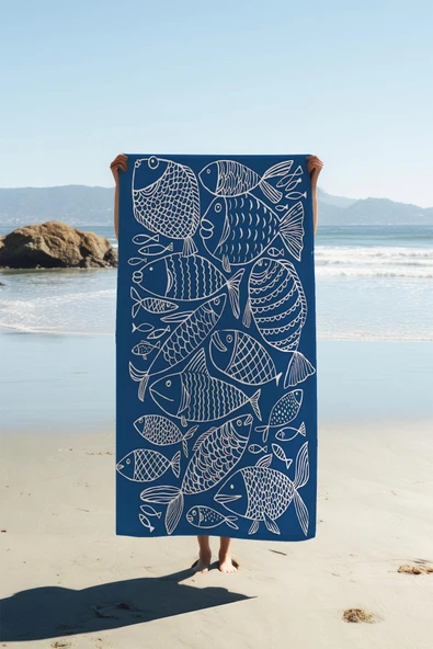 Dijital Baskı Plaj Deniz Havlusu Balık Desenli Peştamal HVL0116 RENKLİ 80 X 160 ürün görseli 1