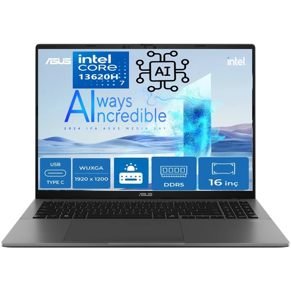 Vivobook S16 S3607VA Intel Core I7 13620H 24GB 1 Tb Freedos 16" 144Hz Wuxga Yapay Zeka Destekli Taşınabilir Bilgisayar RP012 ürün görseli 1
