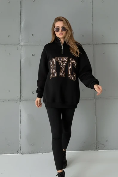 Yarım Fermuarlı Oversize "NYC" Baskılı Sweat - Resim 8