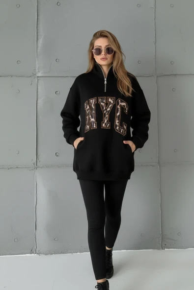 Yarım Fermuarlı Oversize "NYC" Baskılı Sweat - Resim 9