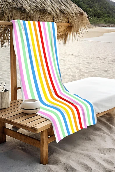 Dijital Baskı Plaj Deniz Havlusu Renkli Çizgiler Desenli Peştamal HVL0205 RENKLİ 80 X 160 - Resim 3