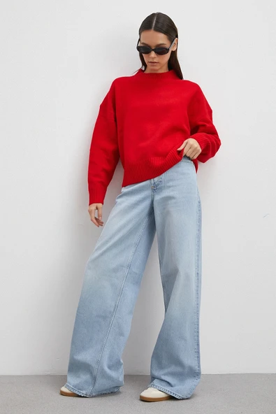 Yüksek Bel Geniş Paça Jean Buz Mavisi ürün görseli 1