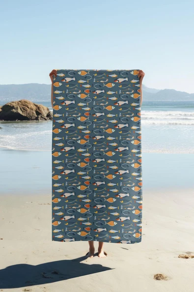 Dijital Baskı Plaj Deniz Havlusu Balık Desenli Peştamal HVL0070 RENKLİ 80 X 160 ürün görseli 1