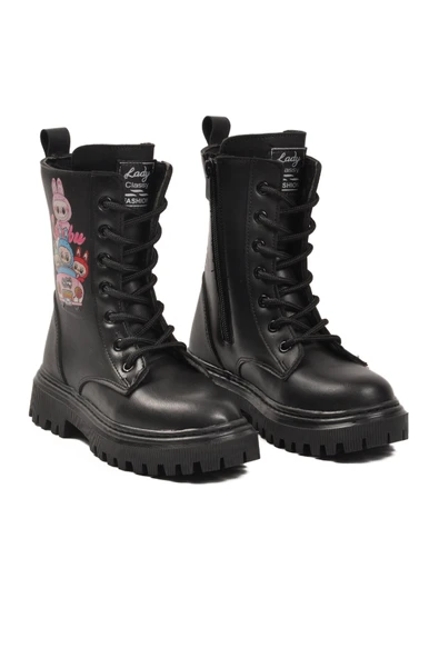 Ayakmod Siyah İçi Kürklü Bağcıklı Fermuarlı Kız Çocuk Bot 2005 F - Resim 3