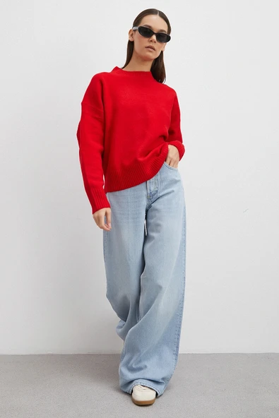 Yüksek Bel Geniş Paça Jean Buz Mavisi - Resim 3