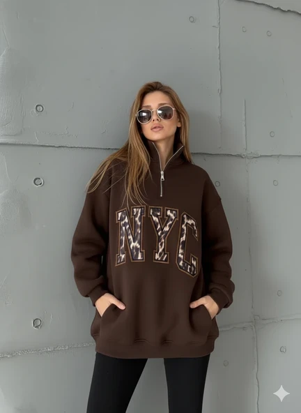 Yarım Fermuarlı Oversize "NYC" Baskılı Sweat - Resim 5