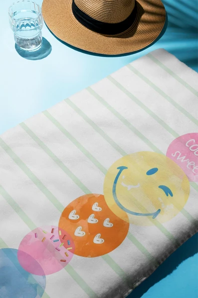 Dijital Baskı Plaj Deniz Havlusu Emoji Desenli Peştamal HVL0202 RENKLİ 80 X 160 - Resim 2