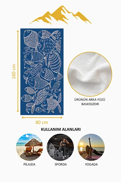 Dijital Baskı Plaj Deniz Havlusu Balık Desenli Peştamal HVL0116 RENKLİ 80 X 160 - Resim 4