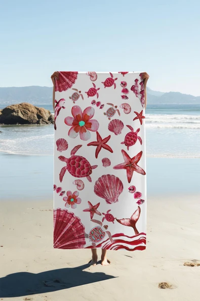 Dijital Baskı Plaj Deniz Havlusu Kaplumbağa ve Deniz Yıldızlı Peştamal HVL0125 RENKLİ 80 X 160 ürün görseli 1