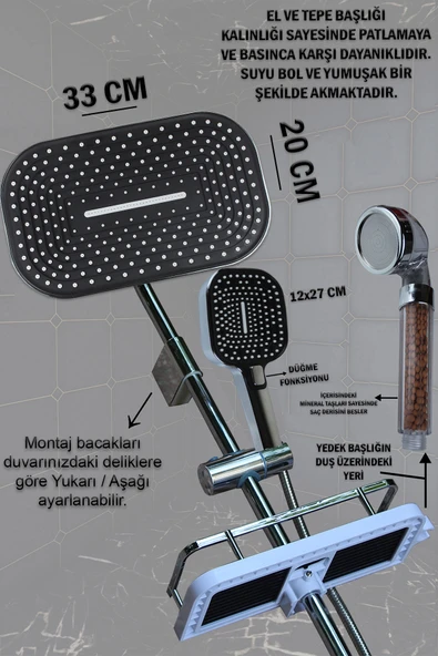 Piano Serisi Geniş Şampuanlıklı Lüks Duş Takımı El ve Tepe Duş Başlığı Spiral Hortum - Resim 3